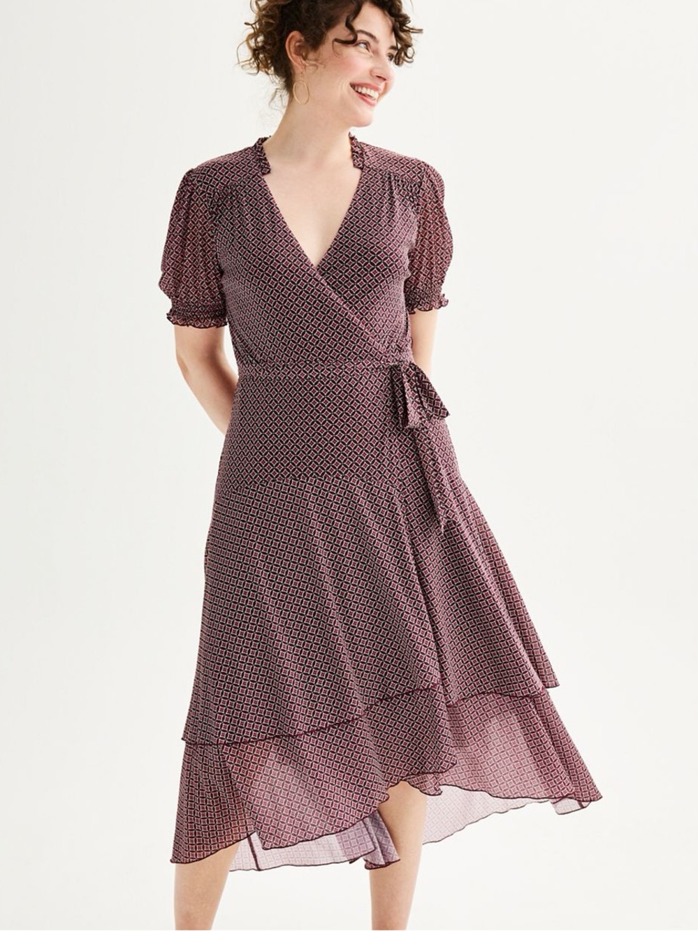 Draper James Puff Sleeve Wrap Dress in Burgundy Geometric